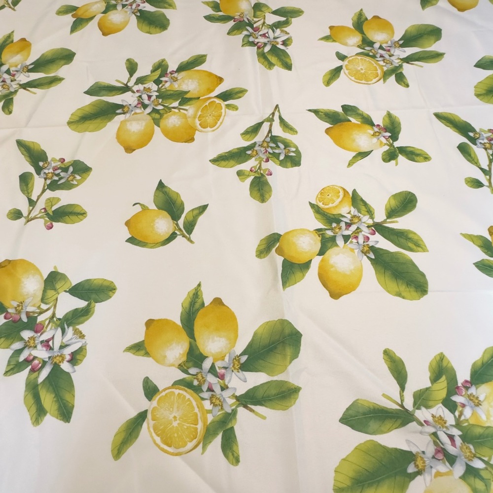 Lemon Round Tablecloth White Yellow Fruit 68" Mediterranean Style Citrus